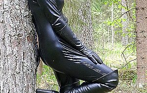 Dark-Haired Woman Models A Leather Boots, Clothed, Fetish, Leather, Outdoor